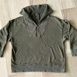 Aerie Down To Earth Oversized Quarter Zip Sweatshirt - Size Large - Olive Green